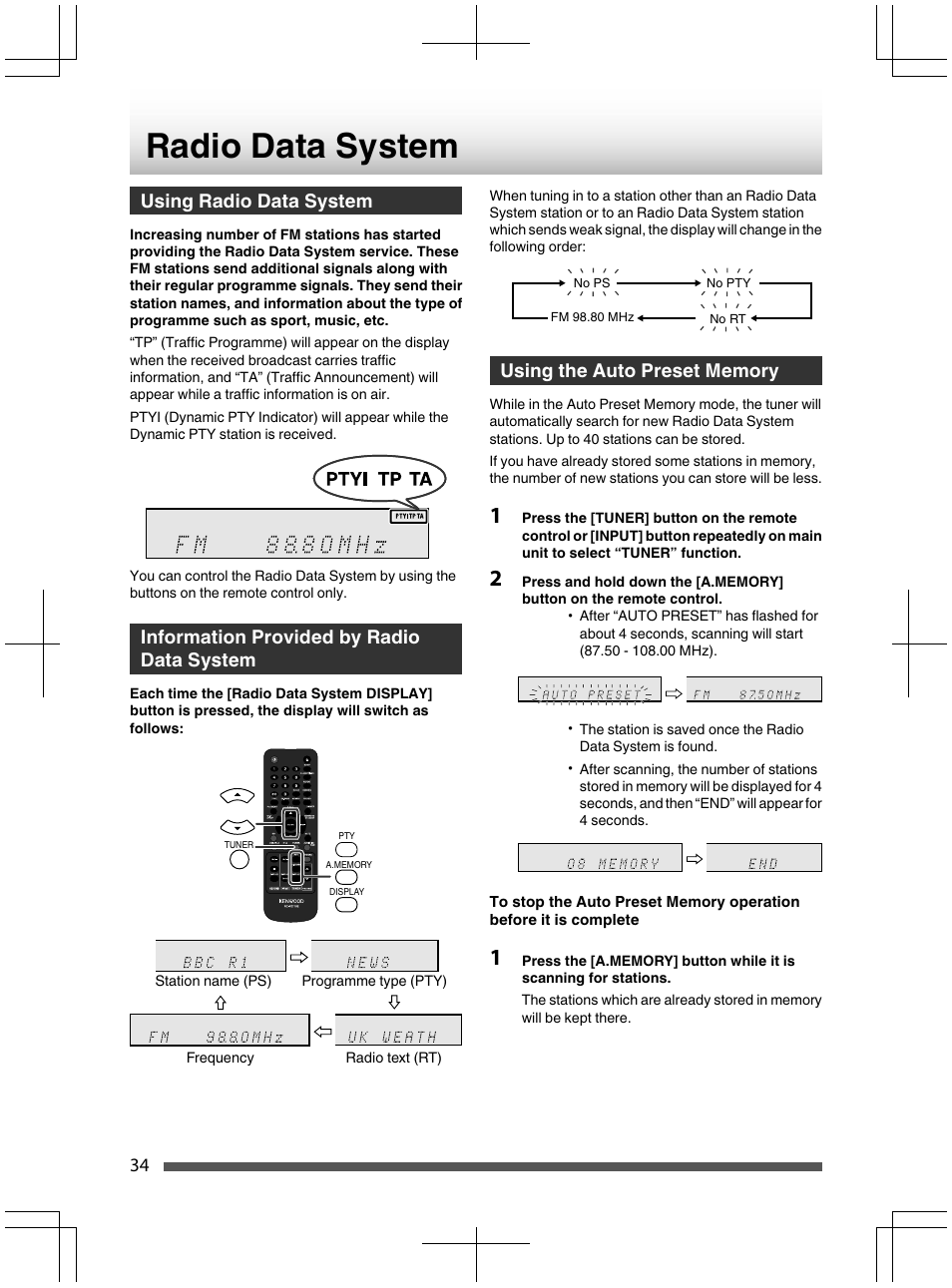 Using radio data system, Information provided by radio data system, Using the auto preset memory | Radio data system | Kenwood UD-NF7 User Manual | Page 34 / 48