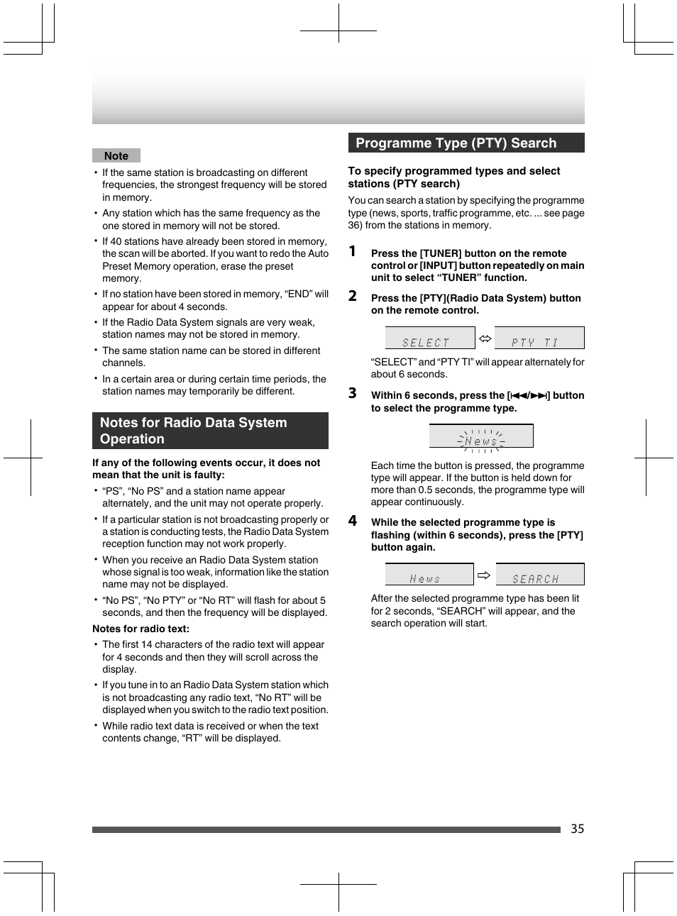 Notes for radio data system operation, If any of the following events occur, it does not, Notes for radio text | Programme type (pty) search | Kenwood UD-NF7 User Manual | Page 35 / 48