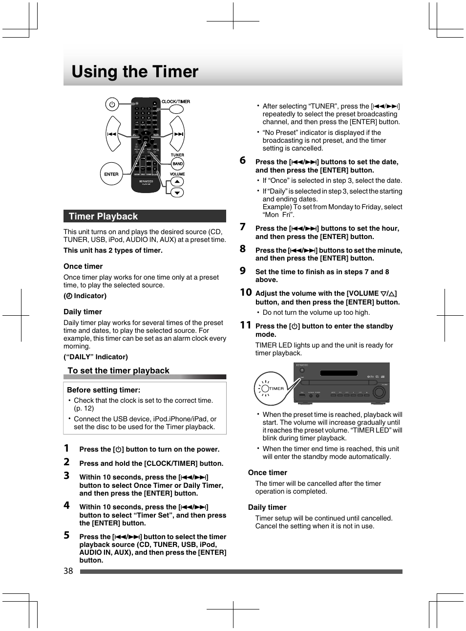 Timer playback, Tosetthetimerplayback | Kenwood UD-NF7 User Manual | Page 38 / 48