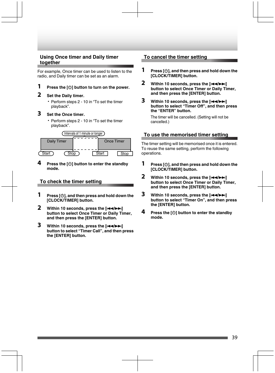 Using once timer and daiiy timer together, Tocheckthetimersetting, To cancei the timer setting | To use the memorised timer settinc | Kenwood UD-NF7 User Manual | Page 39 / 48