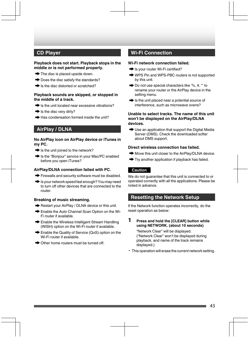 Wi-fi connection, Airplay/dlna, Airplay/dlna connection failed with pc | Breaking of music streaming, Wi-fi network connection failed, Unable to select tracks. the name of this unit, Direct wireless connection has failed, Caution, Resetting the network setup, Cd player wi-fi connection | Kenwood UD-NF7 User Manual | Page 43 / 48