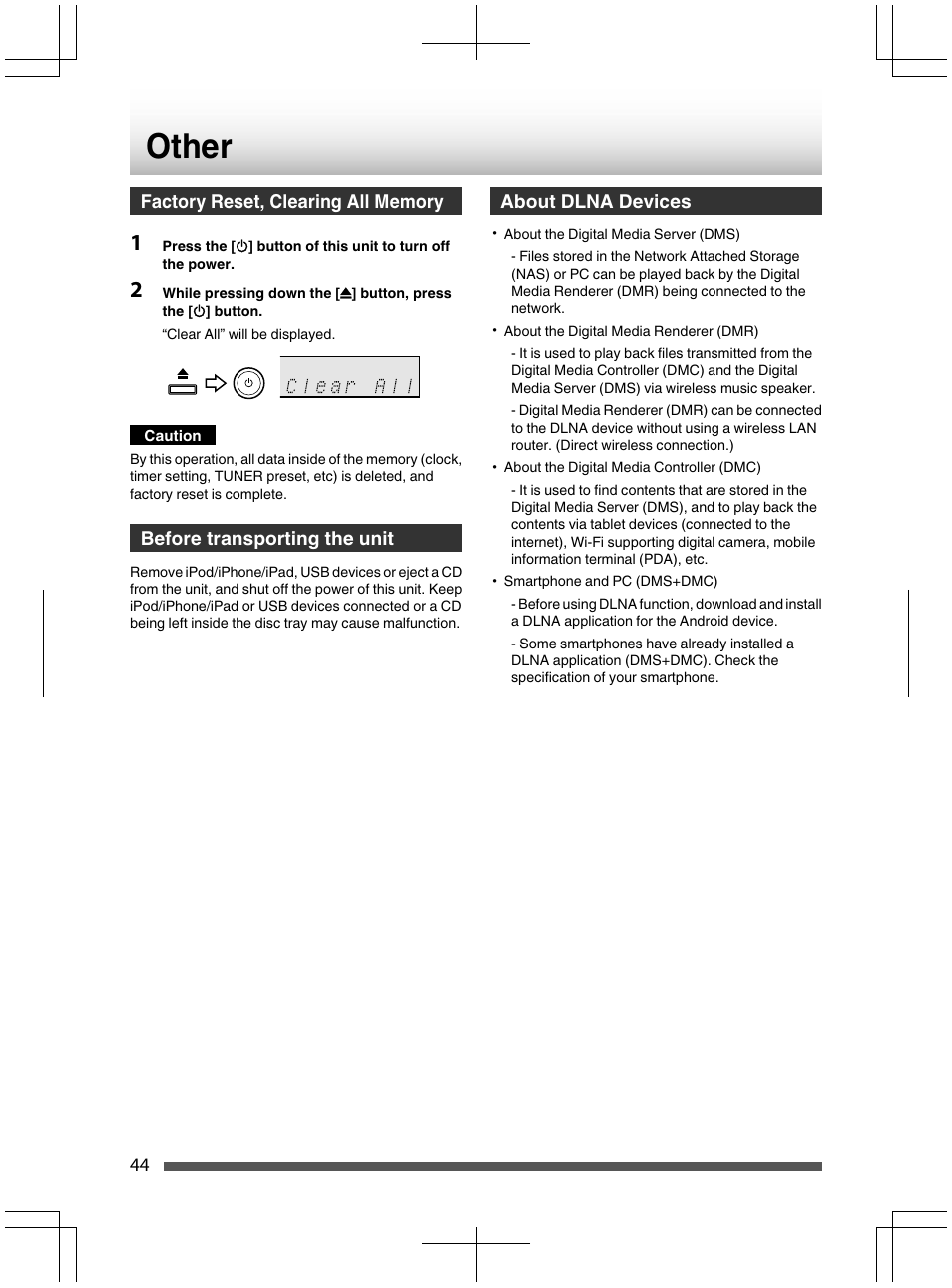 Caution, Before transporting the unit | Kenwood UD-NF7 User Manual | Page 44 / 48