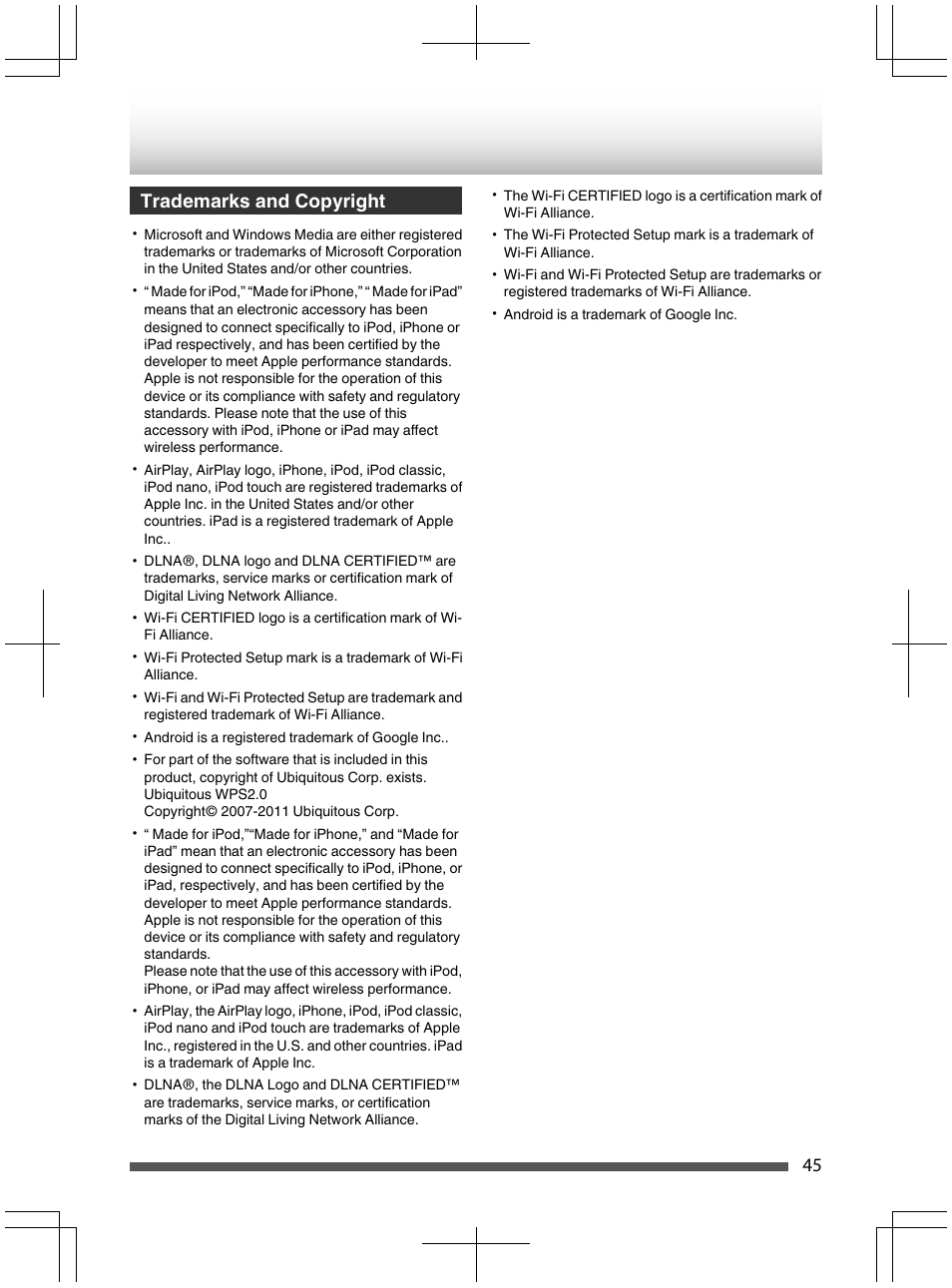 Trademarks and copyright | Kenwood UD-NF7 User Manual | Page 45 / 48