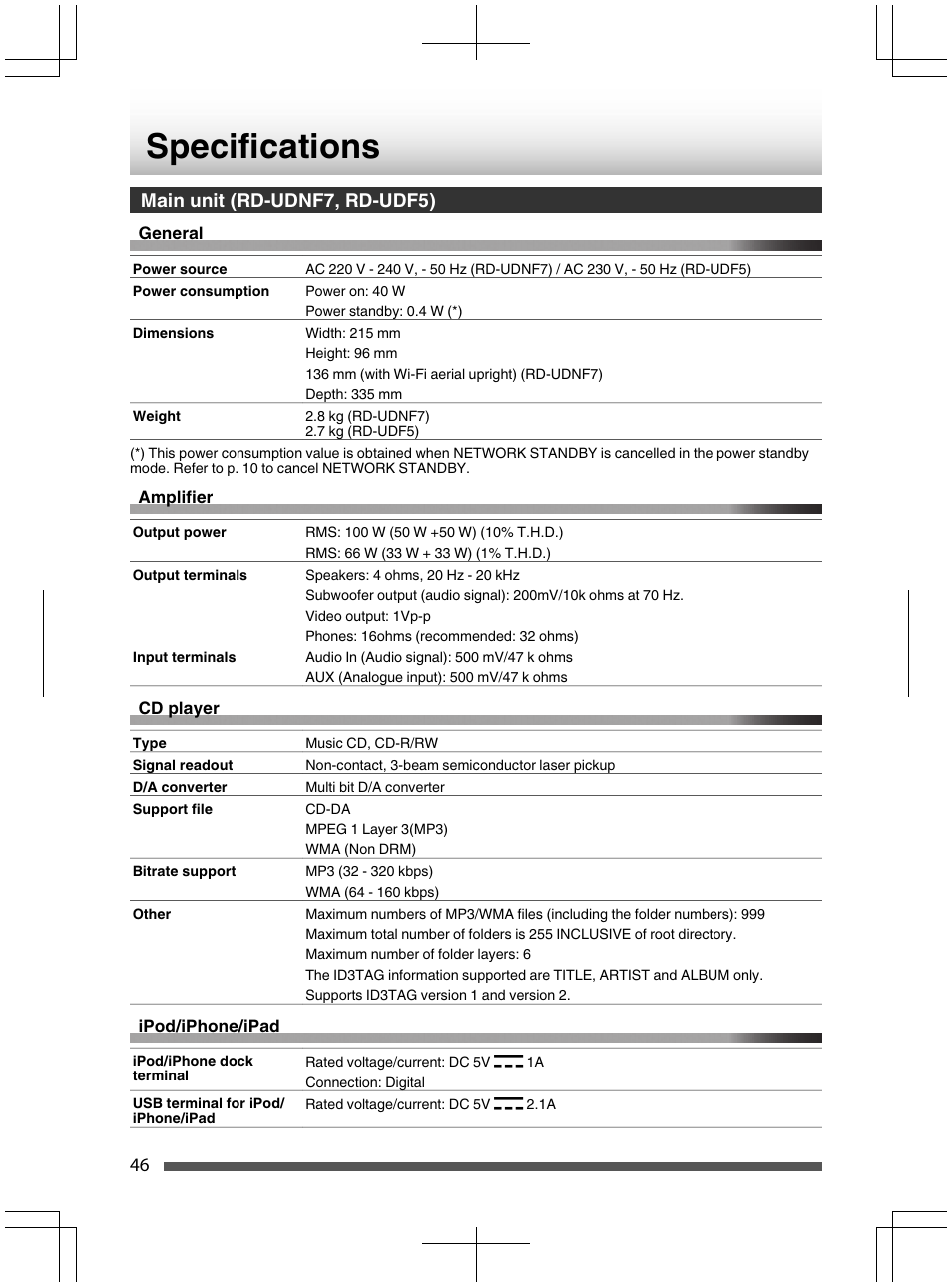 Main unit (rd-udnf7, rd-udf5), General, Power source | Dimensions, Weight, Amplifier, Cd player, Type, Bitrate support | Kenwood UD-NF7 User Manual | Page 46 / 48