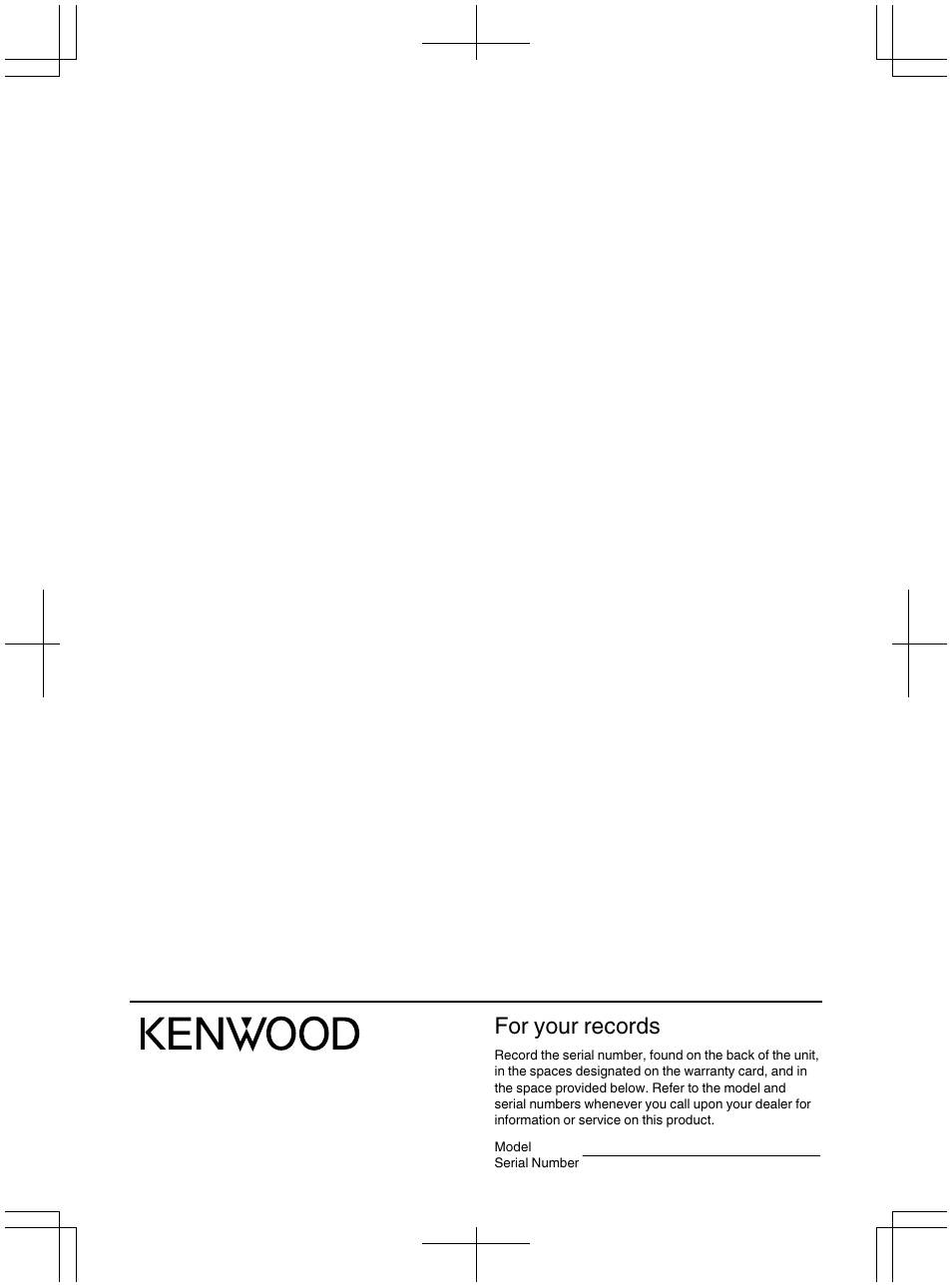 Foryour records, Kenwood | Kenwood UD-NF7 User Manual | Page 48 / 48