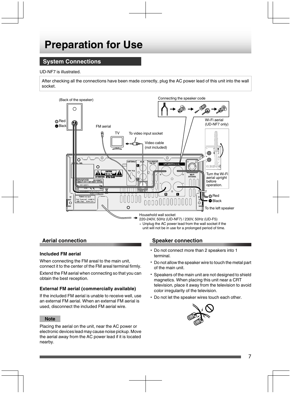 System connections, Aerial connection, Included fm aerial | External fm aerial (commercially available), Note, Speaker connection | Kenwood UD-NF7 User Manual | Page 7 / 48