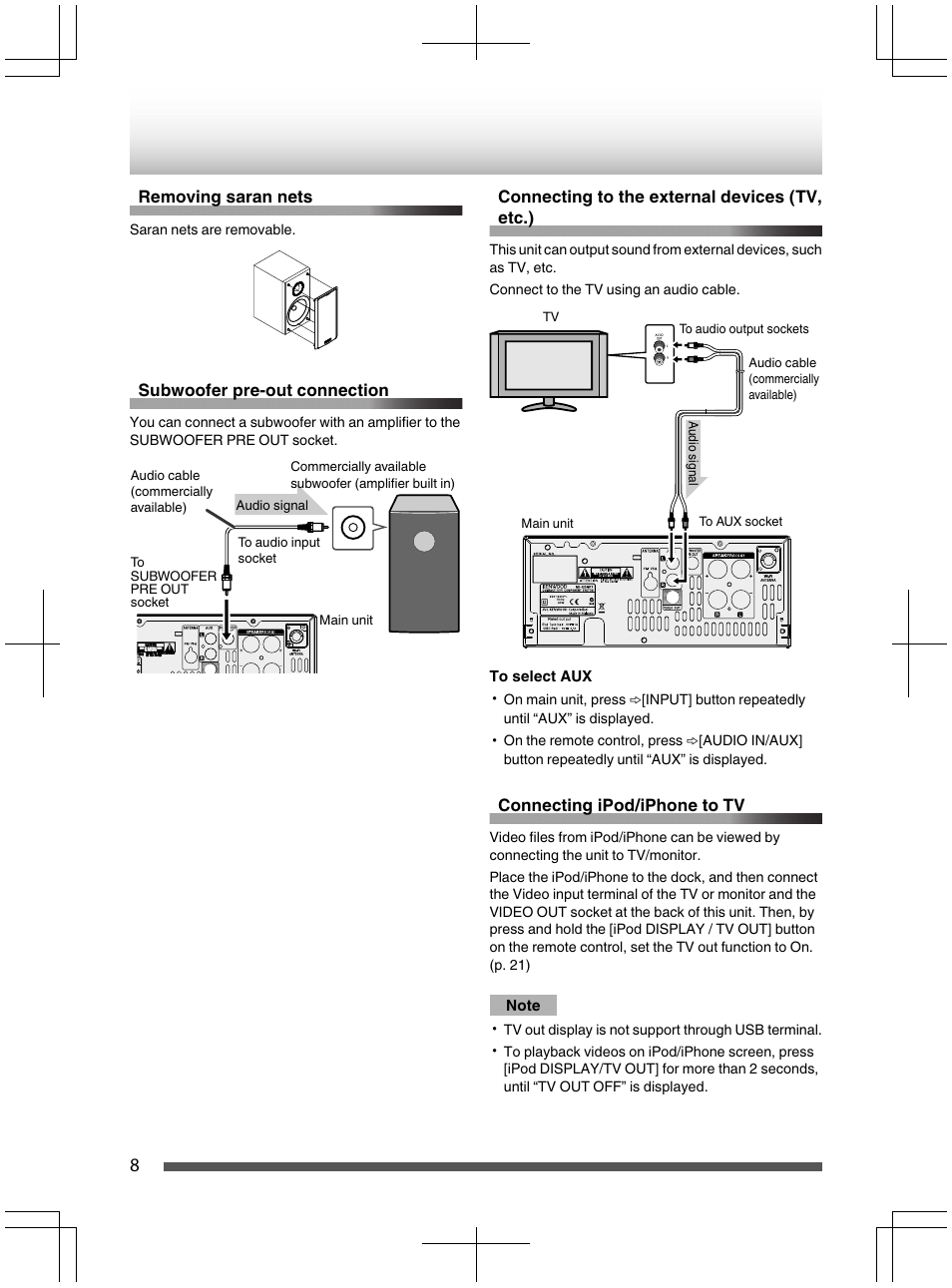 Removing saran nets, Subwoofer pre-out connection, Connecting to the externai devices (tv | Etc.), To select aux, Connecting ipod/iphoneto_ty, Note | Kenwood UD-NF7 User Manual | Page 8 / 48