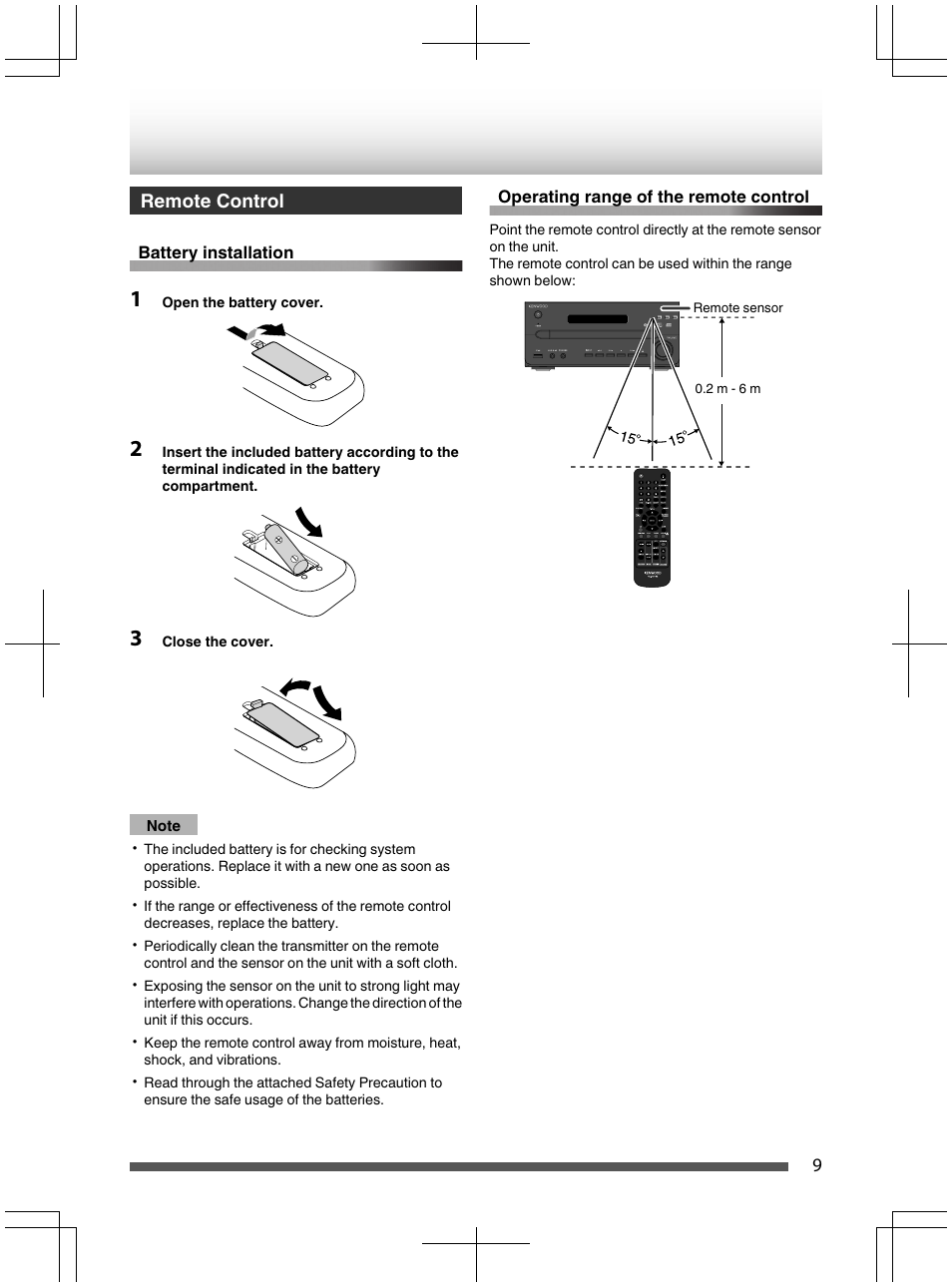 Remote control, Operating range of the re_mgte^contro, 3 close the cover | Note, Remote controi | Kenwood UD-NF7 User Manual | Page 9 / 48
