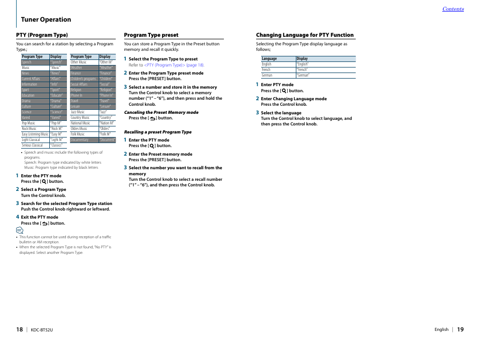 Pty (program type), Program type preset, Changing language for pty function | Tuner operation | Kenwood KDC-BT52U User Manual | Page 10 / 30