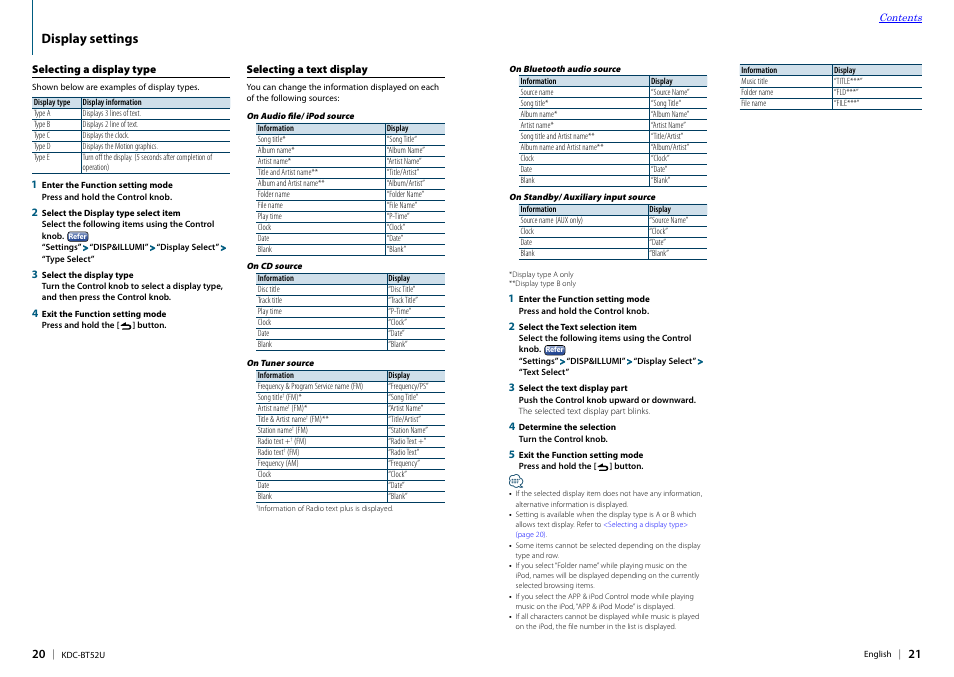 Display settings, Selecting a display type, Selecting a text display | Kenwood KDC-BT52U User Manual | Page 11 / 30