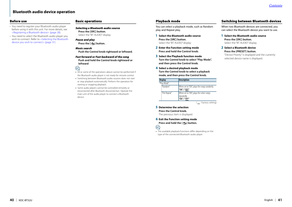 Bluetooth audio device operation, Before use, Basic operations | Playback mode, Switching between bluetooth devices | Kenwood KDC-BT52U User Manual | Page 21 / 30