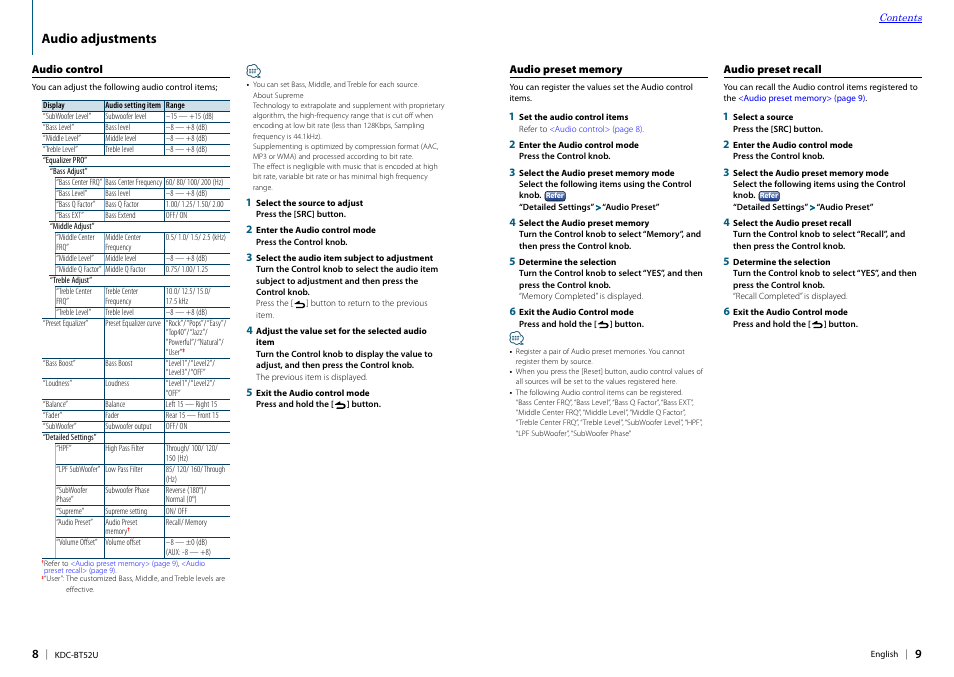 Audio adjustments, Audio control, Audio preset memory | Audio preset recall | Kenwood KDC-BT52U User Manual | Page 5 / 30