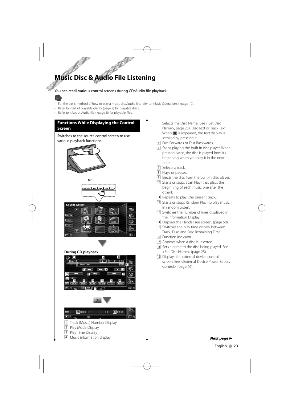 Music disc & audio file listening, Functions while displaying the control screen | Kenwood DDX8022BT User Manual | Page 23 / 108