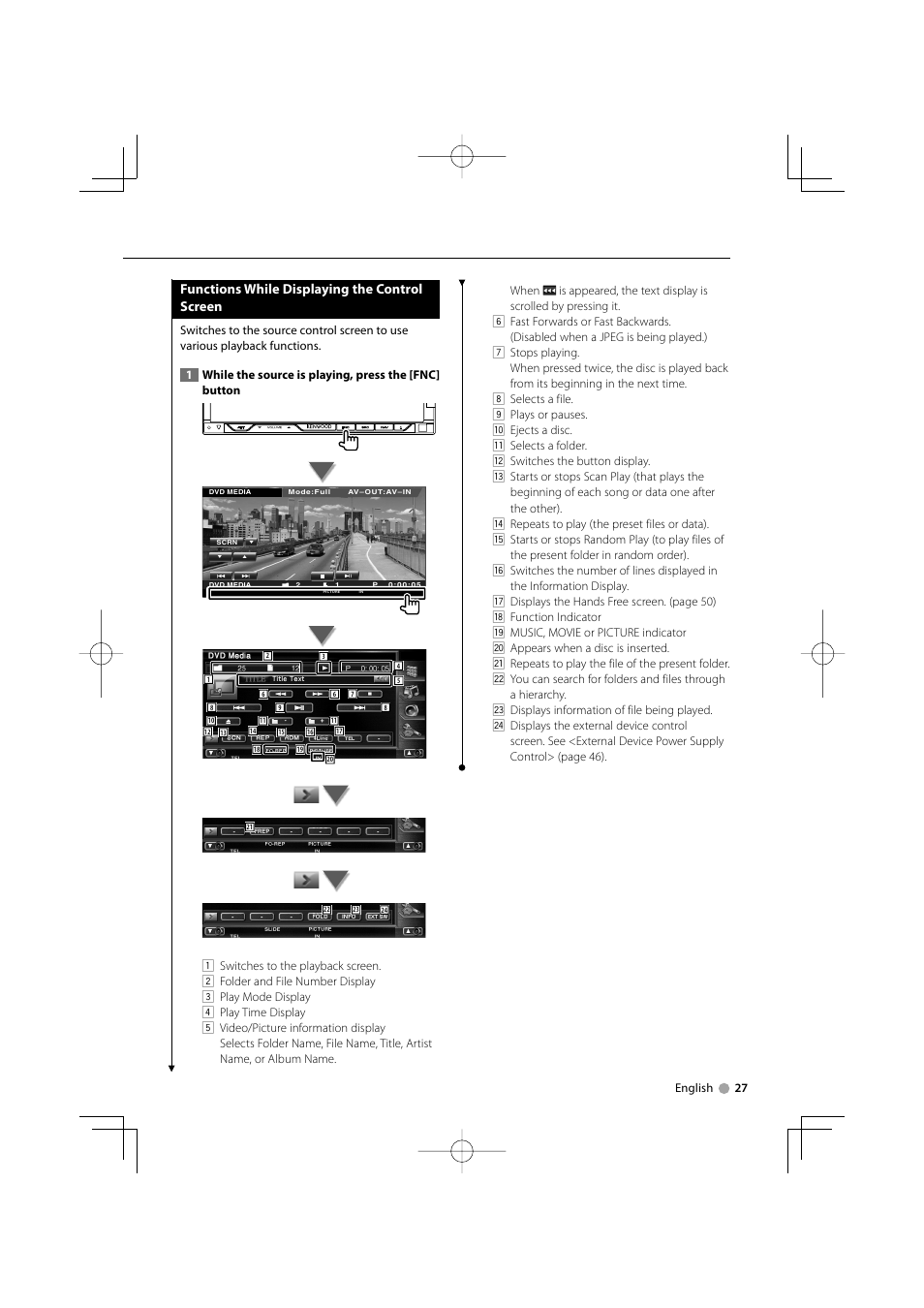 Functions while displaying the control screen | Kenwood DDX8022BT User Manual | Page 27 / 108