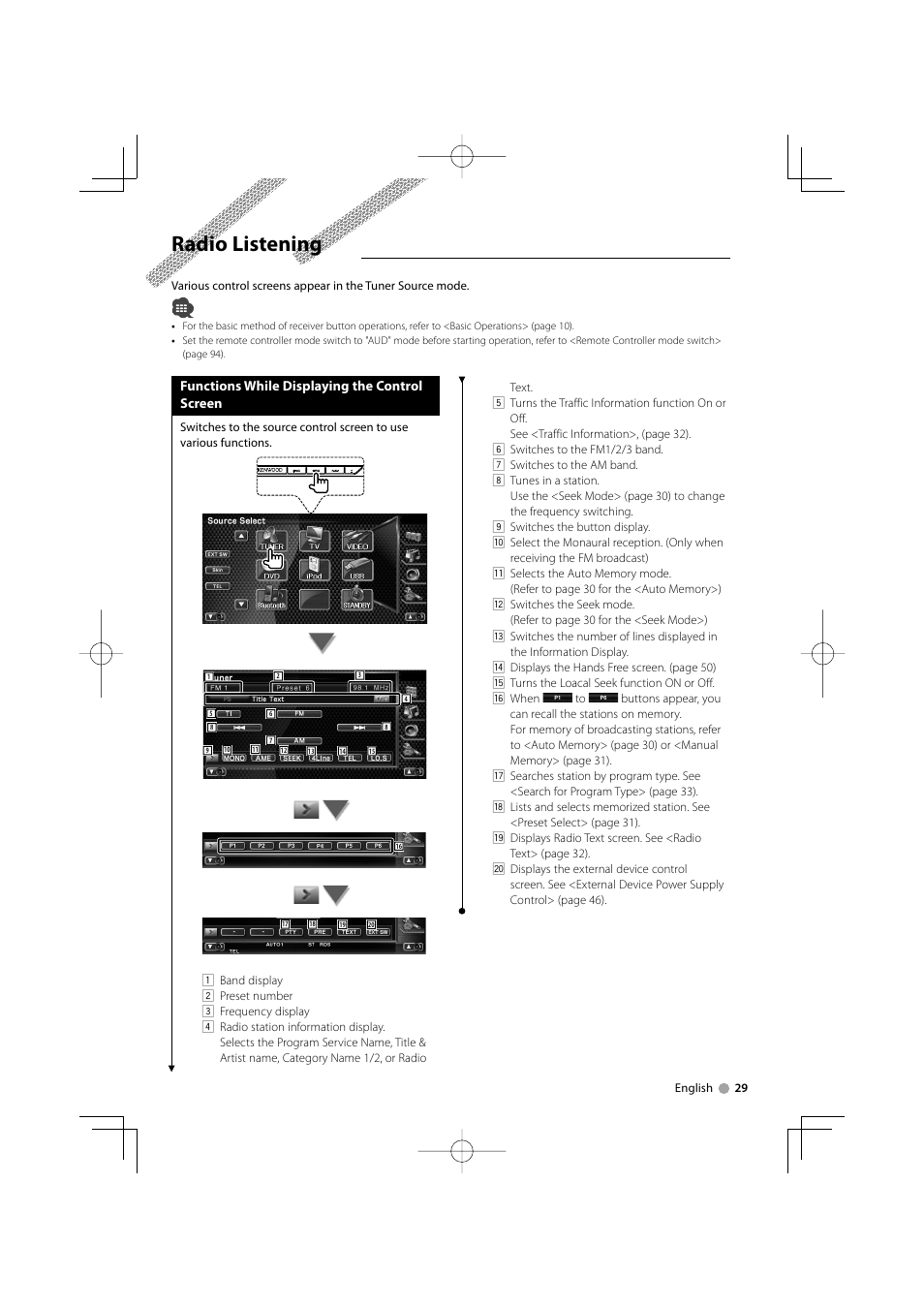 Radio listening, Functions while displaying the control screen | Kenwood DDX8022BT User Manual | Page 29 / 108