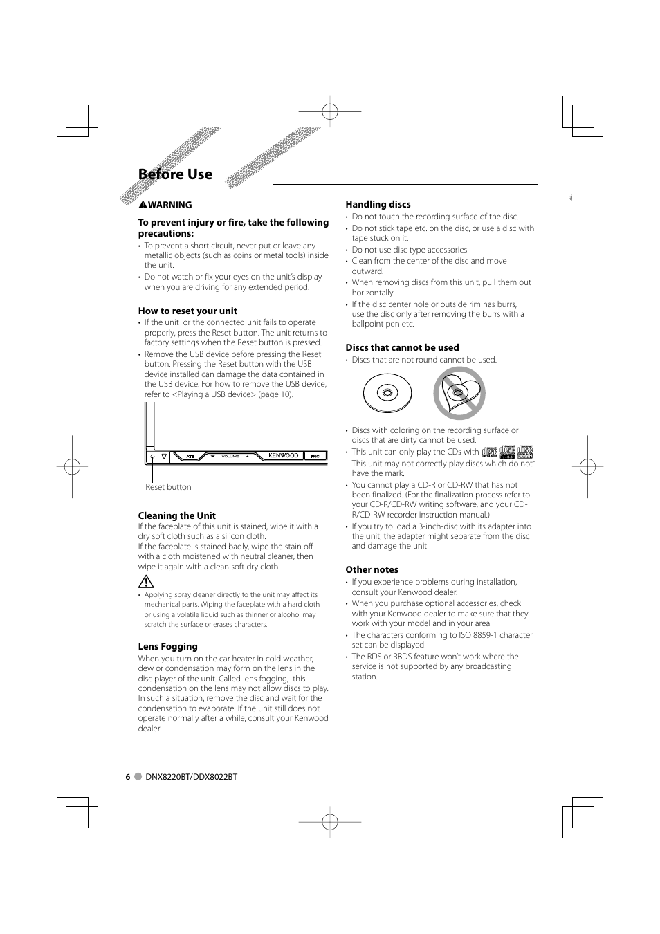 Before use | Kenwood DDX8022BT User Manual | Page 6 / 108