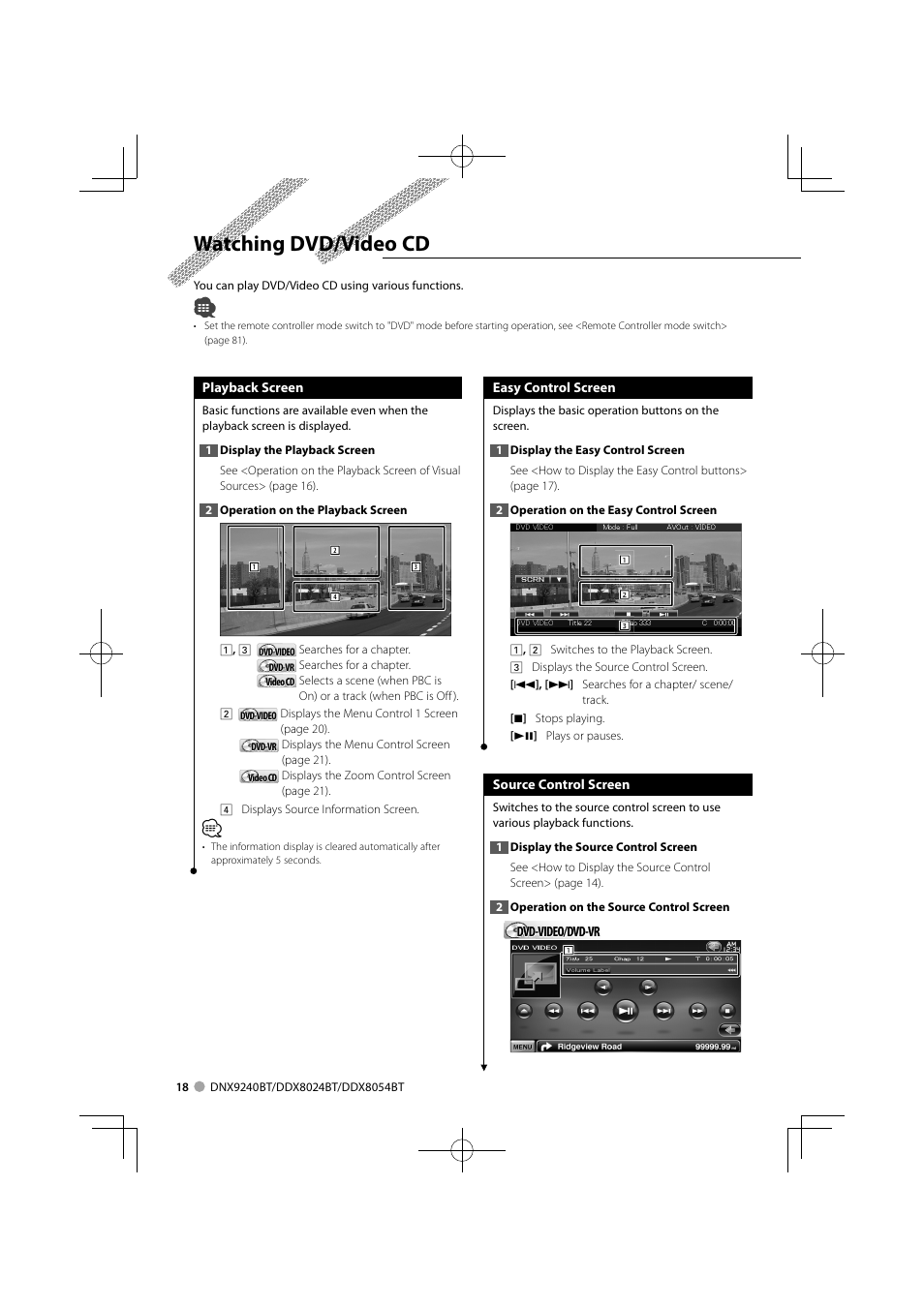 Watching dvd/video cd | Kenwood DNX9240BT User Manual | Page 18 / 100