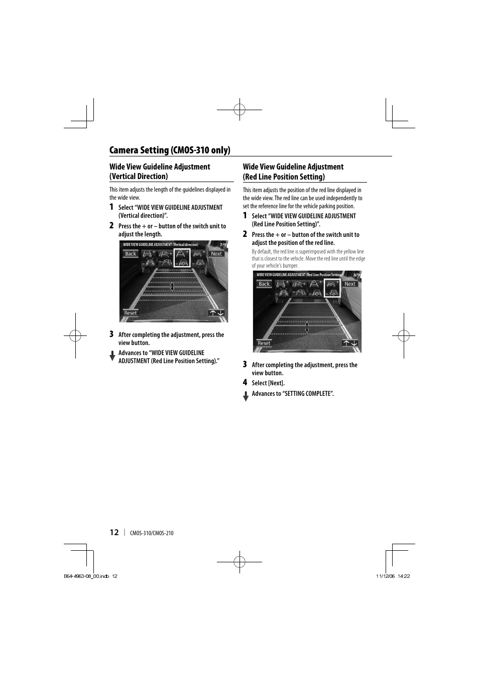 Camera setting (cmos-310 only) | Kenwood CMOS-210 User Manual | Page 12 / 15