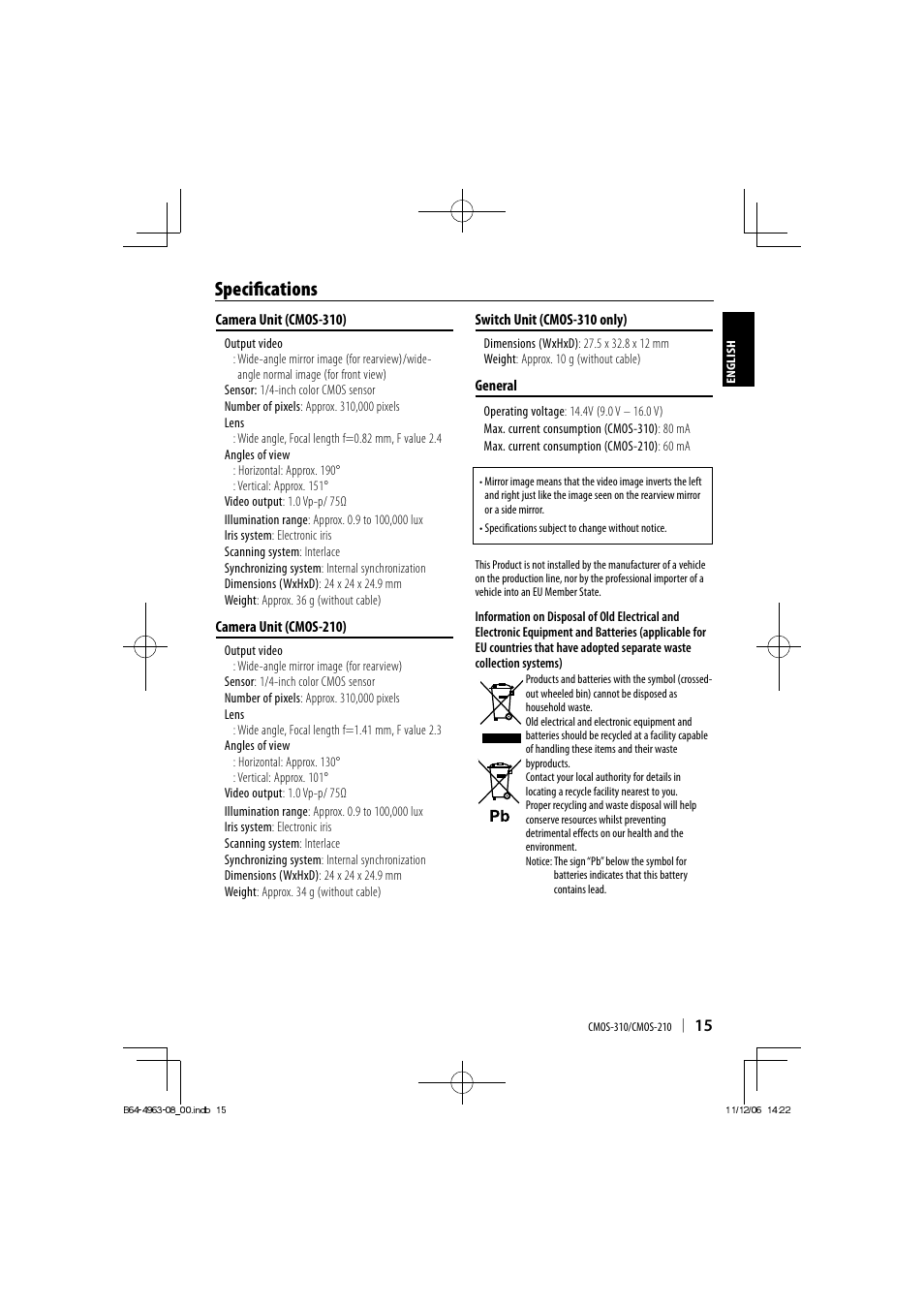 Speciﬁ cations | Kenwood CMOS-210 User Manual | Page 15 / 15