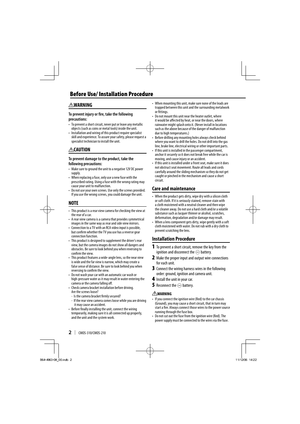 Before use/ installation procedure, Care and maintenance, Installation procedure | Warning, Caution | Kenwood CMOS-210 User Manual | Page 2 / 15