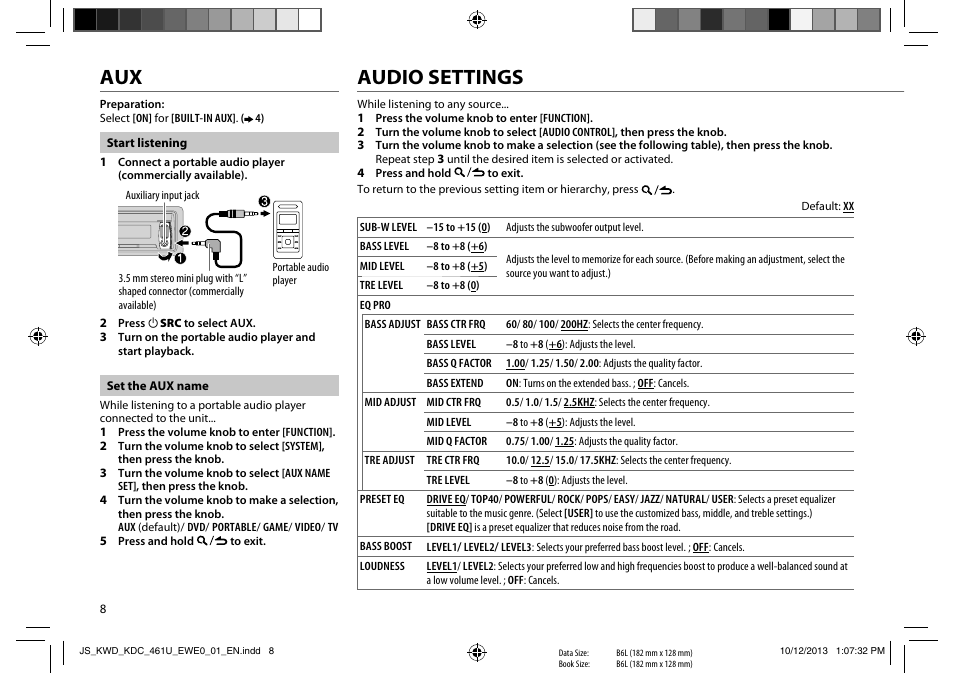 Audio settings | Kenwood KDC-461U User Manual | Page 10 / 15