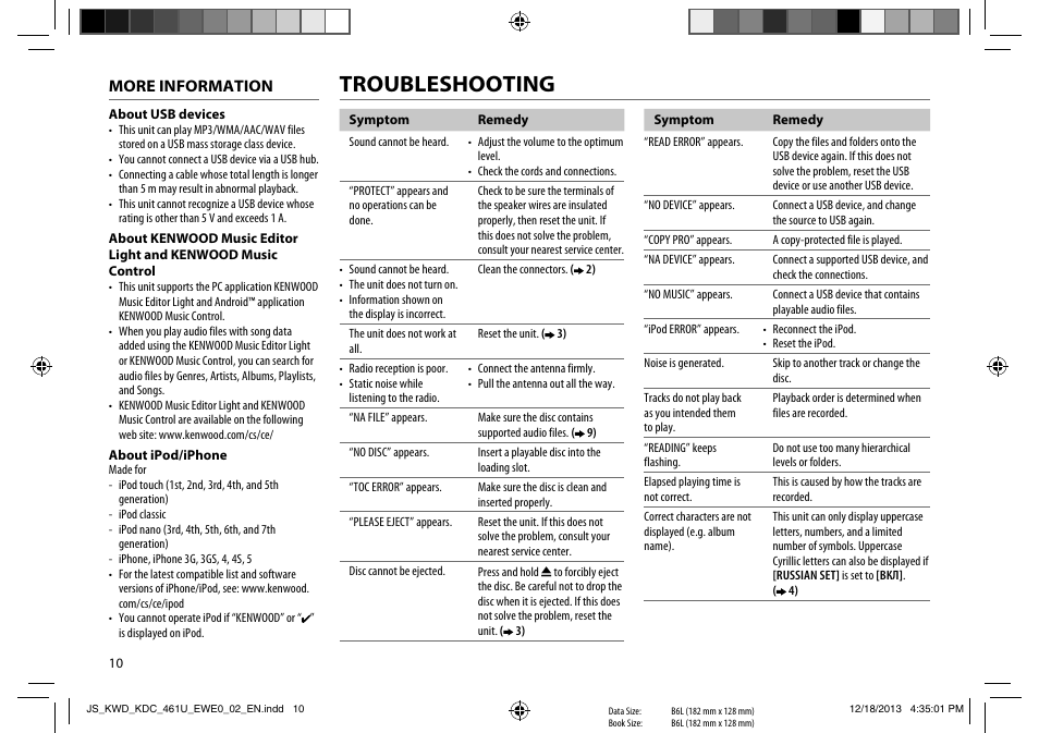 Troubleshooting | Kenwood KDC-461U User Manual | Page 12 / 15