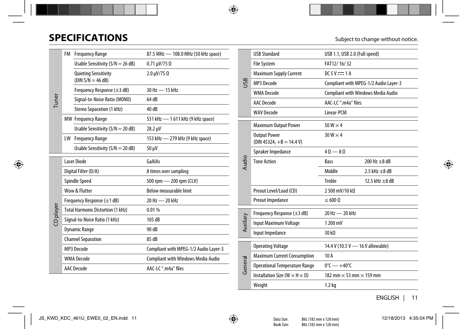 Specifications | Kenwood KDC-461U User Manual | Page 13 / 15