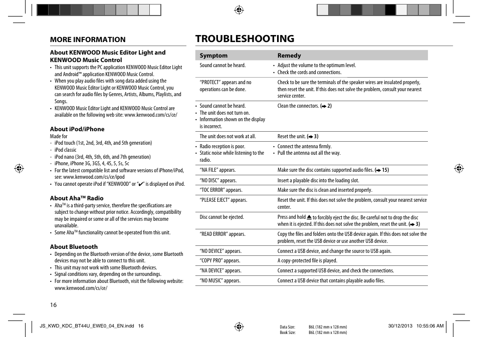 Troubleshooting | Kenwood KDC-BT44U User Manual | Page 18 / 23