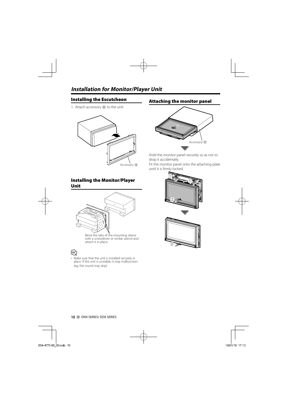 Installation for monitor/player unit, Installing the escutcheon, Installing the monitor/player unit | Attaching the monitor panel | Kenwood DDX8026BT User Manual | Page 10 / 11