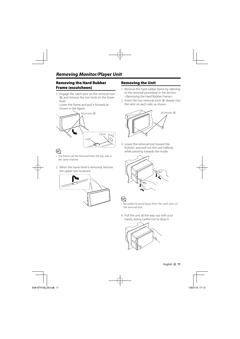 Removing monitor/player unit, Removing the hard rubber frame (escutcheon), Removing the unit | Kenwood DDX8026BT User Manual | Page 11 / 11