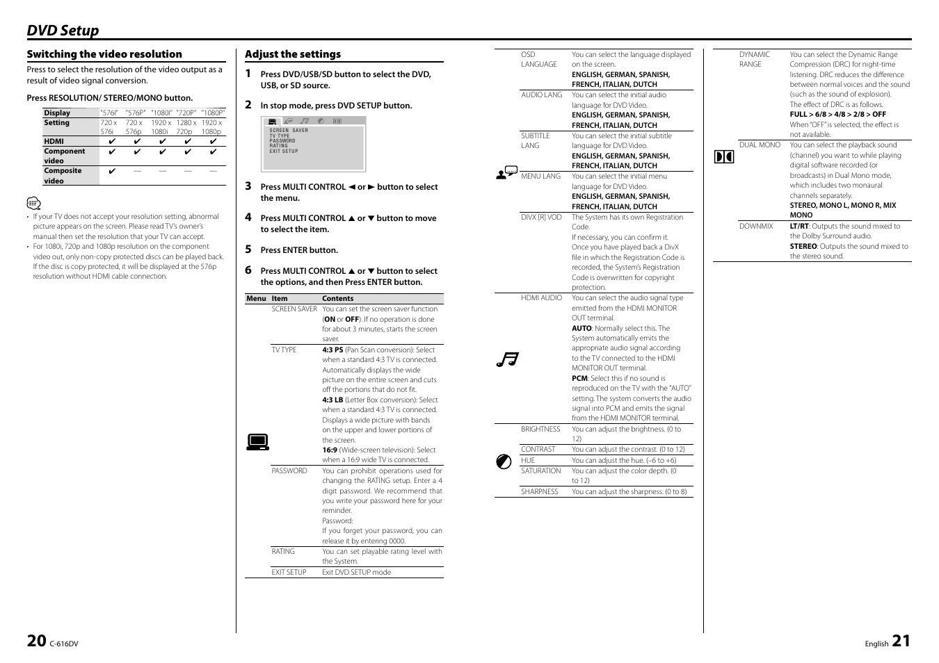 Dvd setup | Kenwood C-616DV User Manual | Page 11 / 17