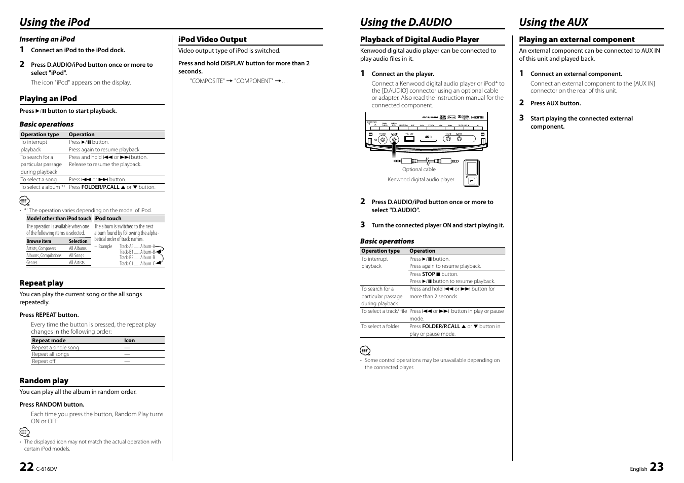 Using the ipod, Using the aux, Using the d.audio | Kenwood C-616DV User Manual | Page 12 / 17