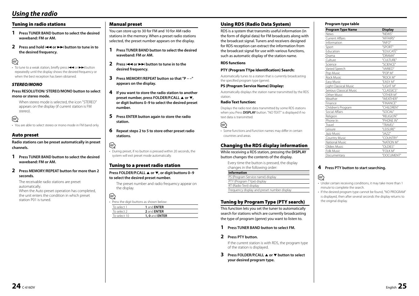 Using the radio | Kenwood C-616DV User Manual | Page 13 / 17