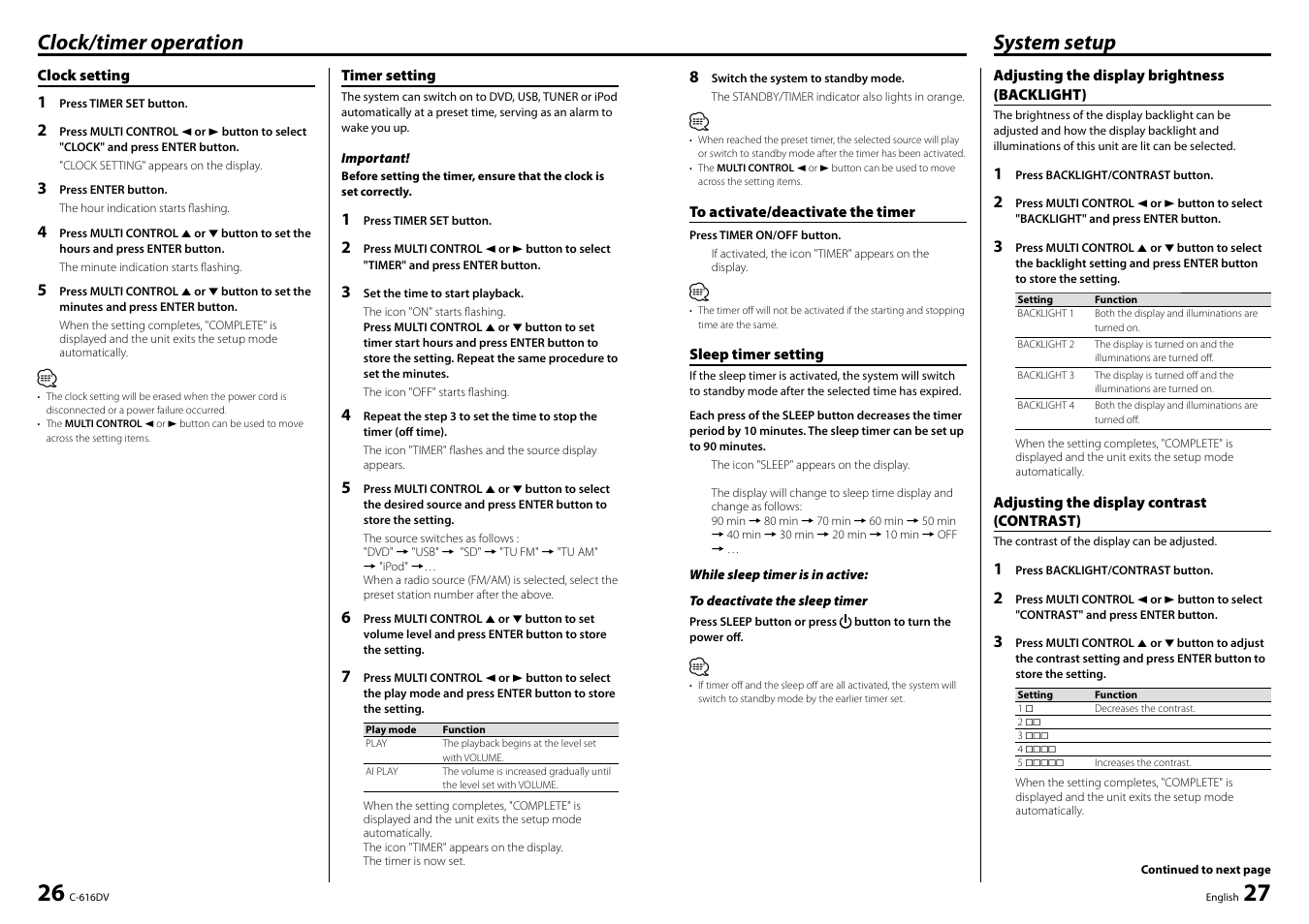 Clock/timer operation, System setup | Kenwood C-616DV User Manual | Page 14 / 17