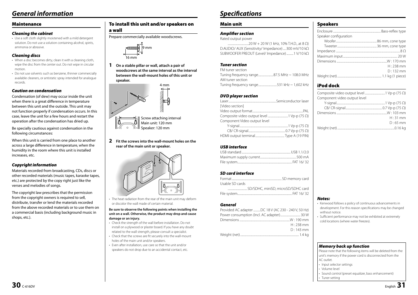 General information, Specifi cations | Kenwood C-616DV User Manual | Page 16 / 17