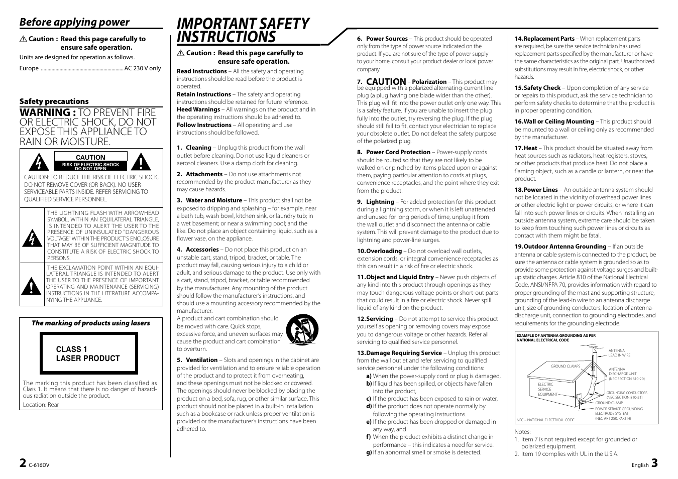 Important safety instructions, Before applying power, Caution | Kenwood C-616DV User Manual | Page 2 / 17