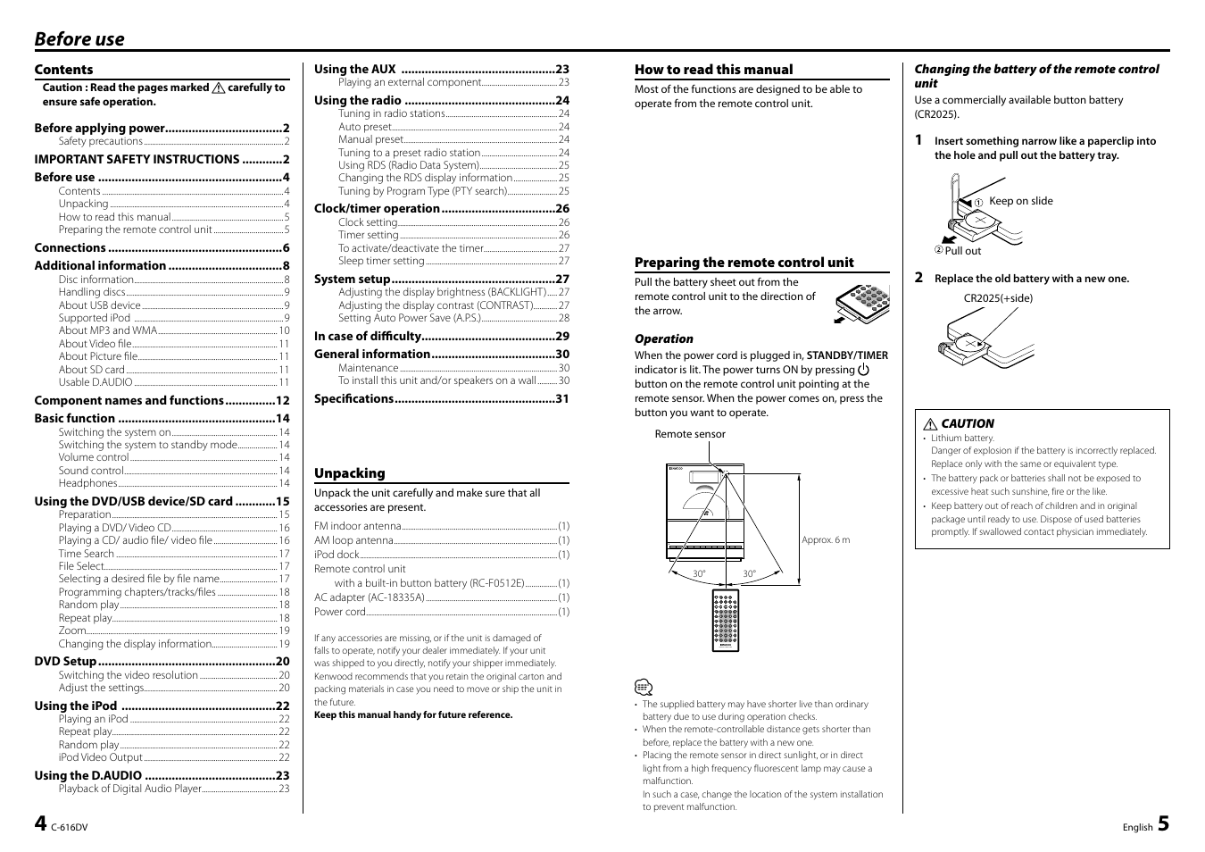 Before use, Remote control unit | Kenwood C-616DV User Manual | Page 3 / 17