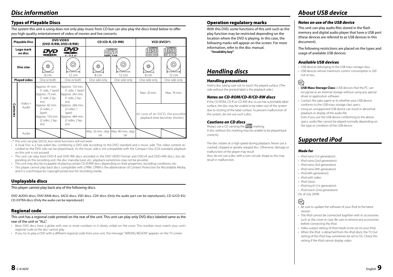 Disc information, About usb device, Supported ipod | Handling discs | Kenwood C-616DV User Manual | Page 5 / 17