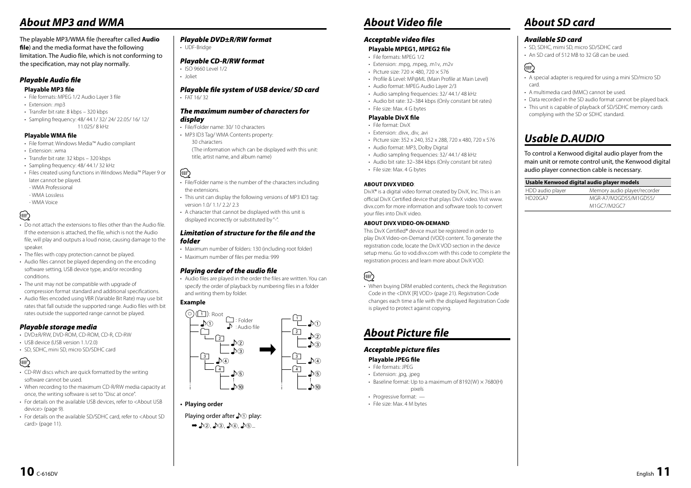 About mp3 and wma, About video fi le about sd card, About picture fi le | Usable d.audio | Kenwood C-616DV User Manual | Page 6 / 17