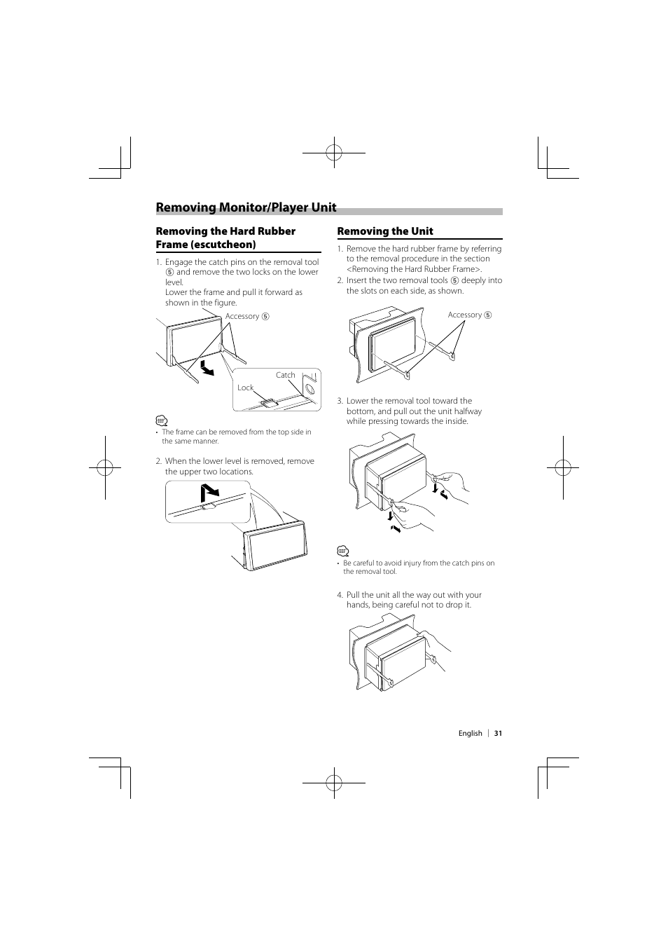 Removing monitor/player unit, Removing the hard rubber frame (escutcheon), Removing the unit | Kenwood DNX9280BT User Manual | Page 31 / 33