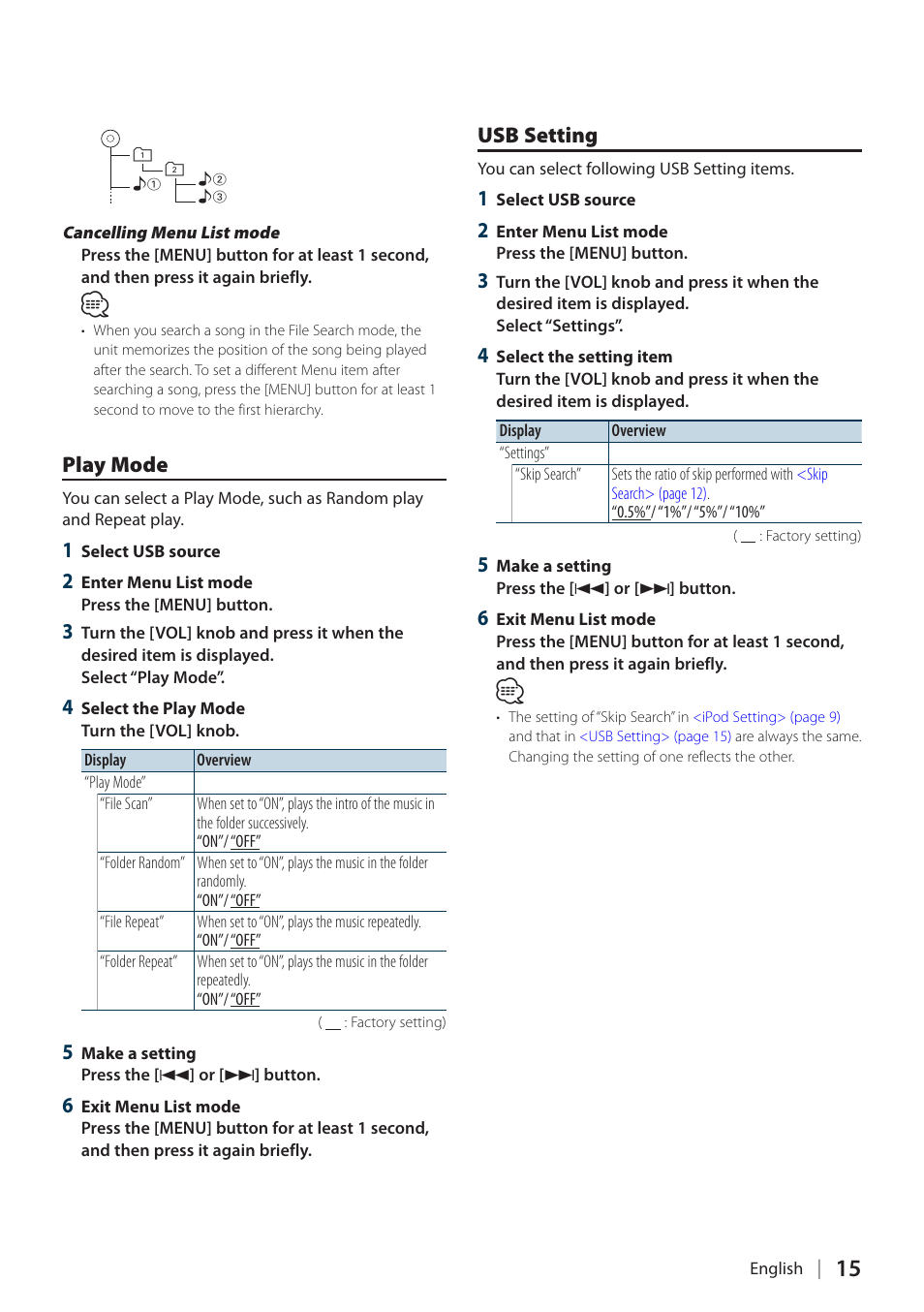 Play mode, Usb setting, Play mode usb setting | Kenwood KDC-BT60U User Manual | Page 15 / 72