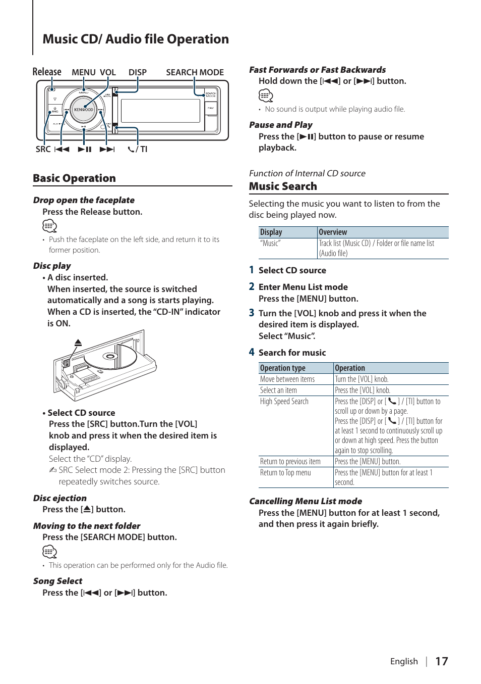 Music cd/ audio file operation, Basic operation, Music search | Basic operation music search | Kenwood KDC-BT60U User Manual | Page 17 / 72