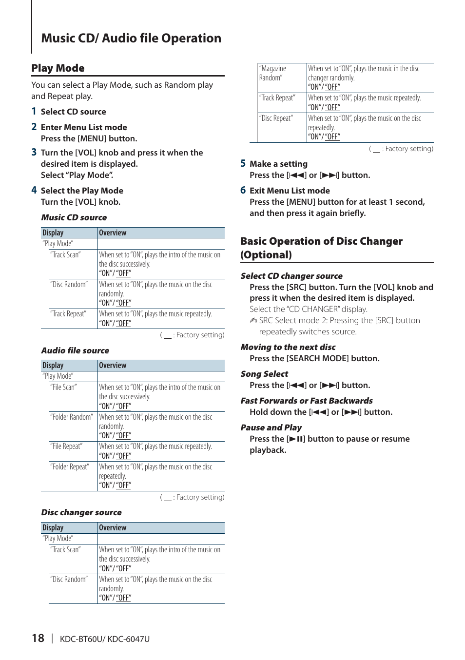 Play mode, Basic operation of disc changer (optional), Music cd/ audio file operation | Kenwood KDC-BT60U User Manual | Page 18 / 72