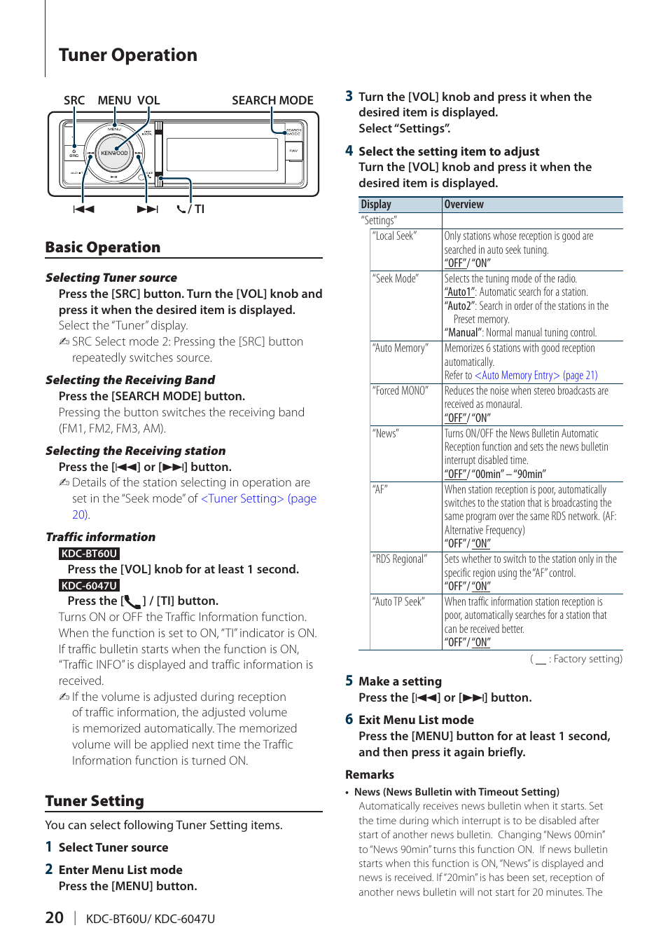 Tuner operation, Basic operation, Tuner setting | Basic operation tuner setting | Kenwood KDC-BT60U User Manual | Page 20 / 72