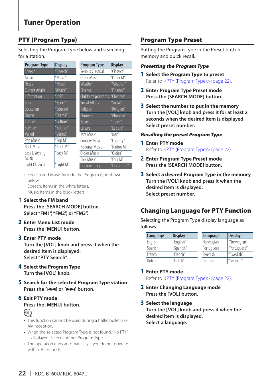 Pty (program type), Program type preset, Changing language for pty function | Tuner operation | Kenwood KDC-BT60U User Manual | Page 22 / 72