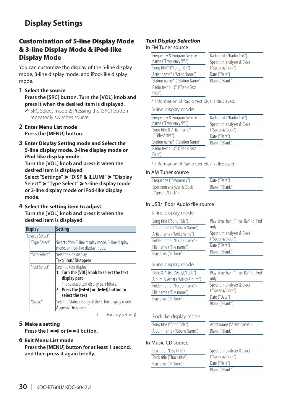 Customization of 5-line display mode & 3-line, Display mode & ipod-like display mode, Display settings | Kenwood KDC-BT60U User Manual | Page 30 / 72