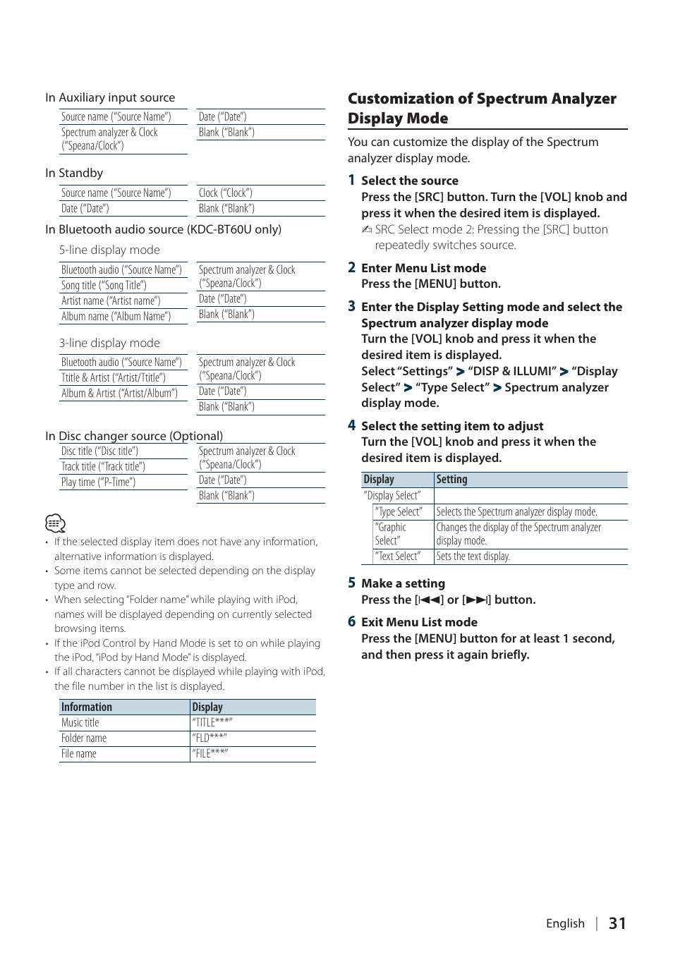 Customization of spectrum analyzer display mode | Kenwood KDC-BT60U User Manual | Page 31 / 72