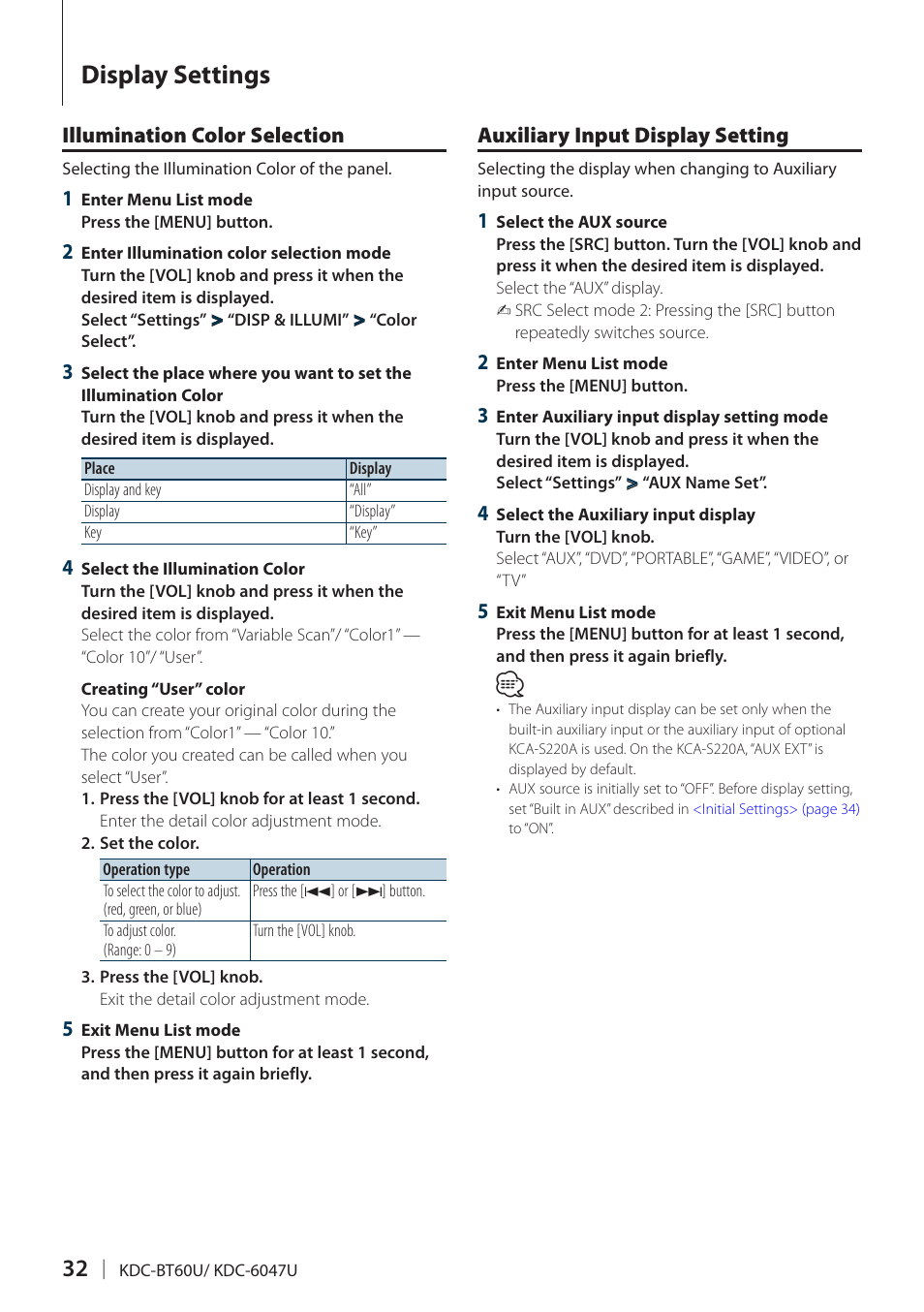 Illumination color selection, Auxiliary input display setting, Display settings | Kenwood KDC-BT60U User Manual | Page 32 / 72