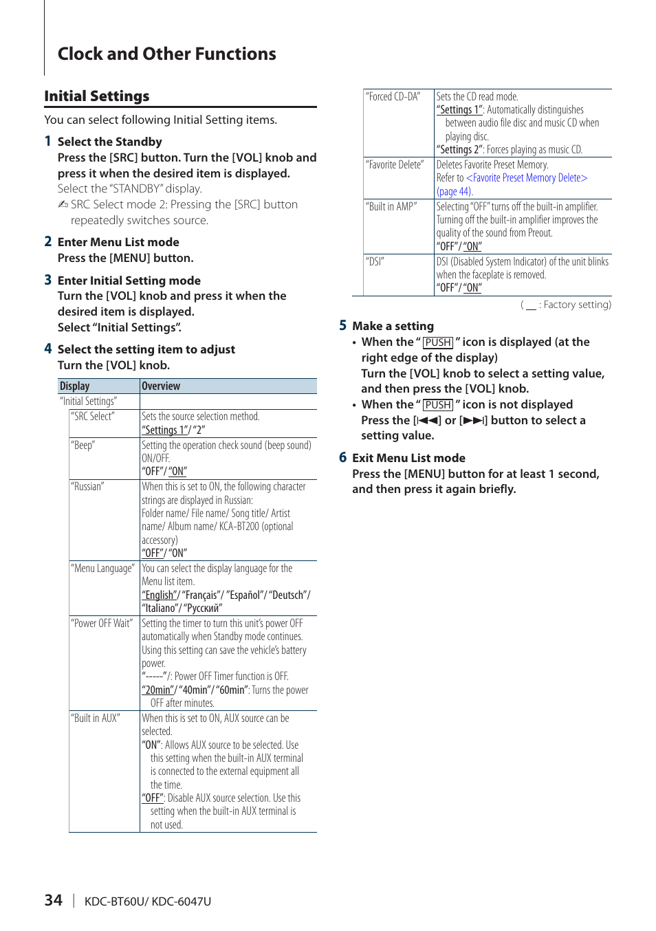 Initial settings, Initial, Clock and other functions | Kenwood KDC-BT60U User Manual | Page 34 / 72