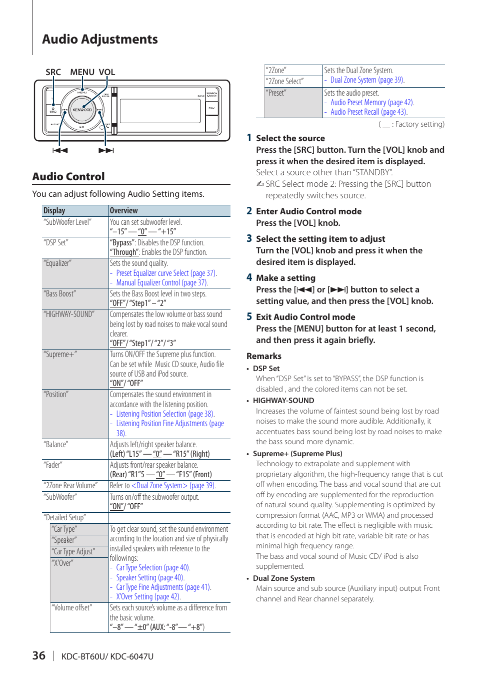 Audio adjustments, Audio control | Kenwood KDC-BT60U User Manual | Page 36 / 72